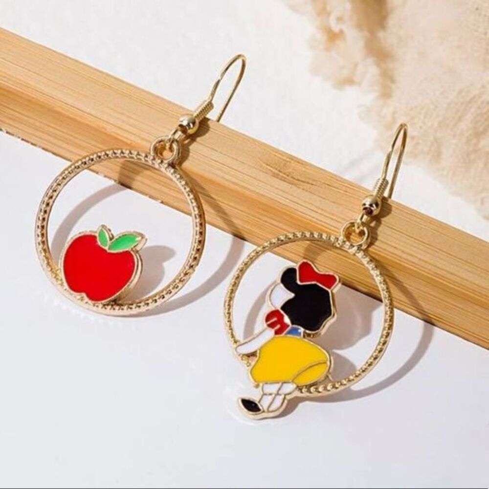 Snow White Apple Mismatched Goldtone Charm Drop Earrings